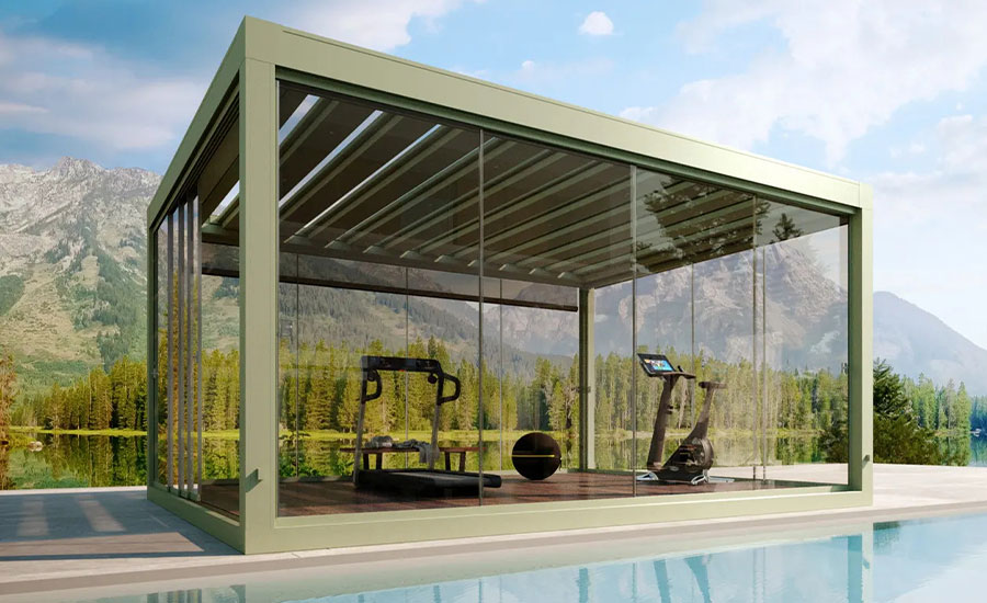 Havuz kenarında cam kapamalı bio klimatik pergola uygulaması